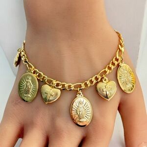 14k Gold Filled Charm Bracelet with Religious Pendants